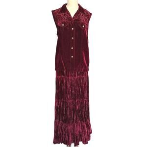 Vintage J. Suzette Burgundy Crushed Velvet Vest & Maxi Broomstick Skirt Set M
